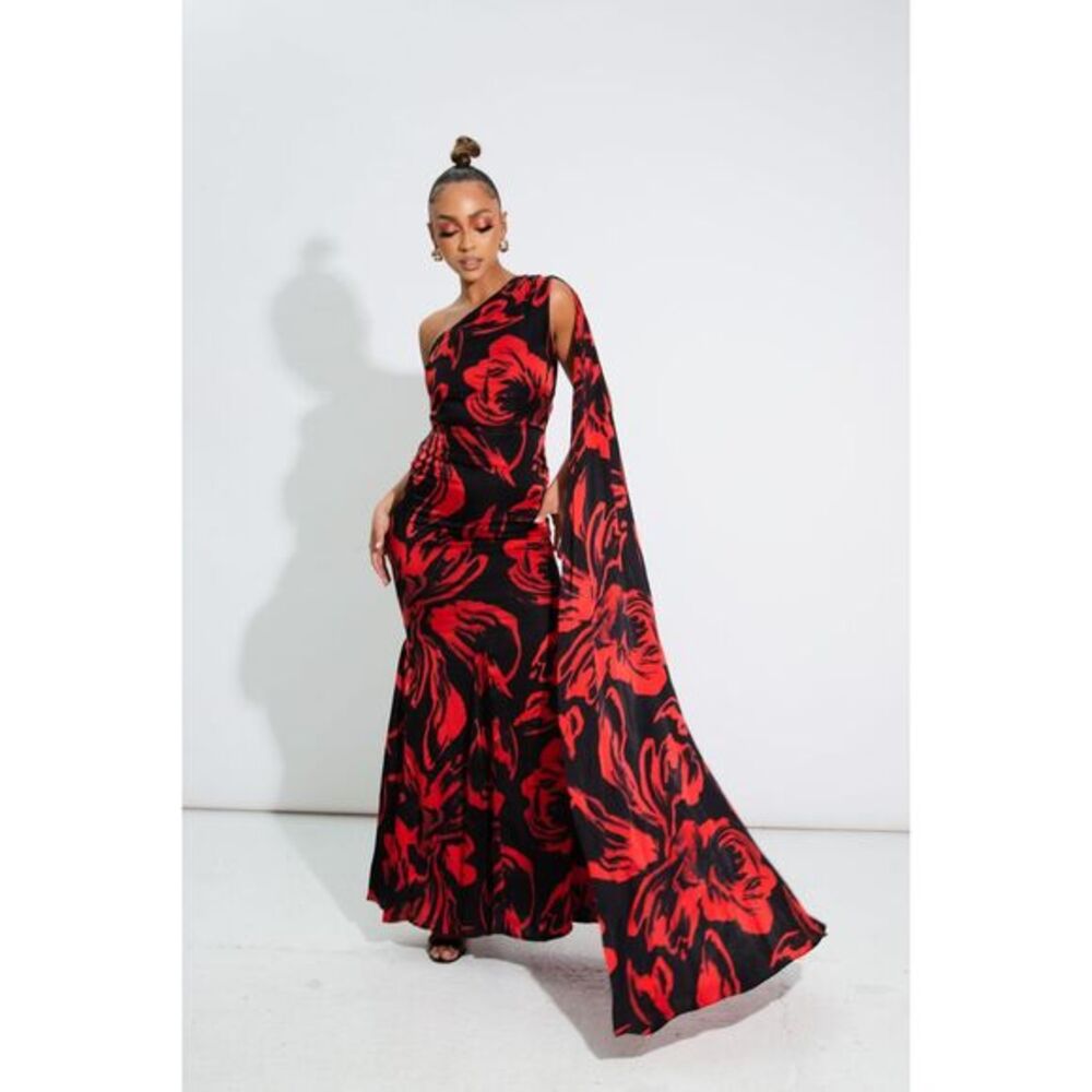Yaura Womens Ata Rodo Print One Shoulder Adanna Maxi Gown Black Red Size 8/Small